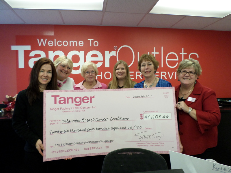Tanger Outlet Center presents a check to the Delaware Breast Cancer Coalition. Shown are (l-r) Tanger Outlets Rehoboth Beach General Manager Amy Norgate, DBCC Outreach Coordinator Sue Ryan, DBCC volunteer Peggy Dever, DBCC Event Coordinator Michelle Marshall; DBCC Education and Survivorship Program Manager Connie Holdridge, and DBCC Outreach and Education Program Manager Cheryl Doucette. SOURCE SUBMITTED